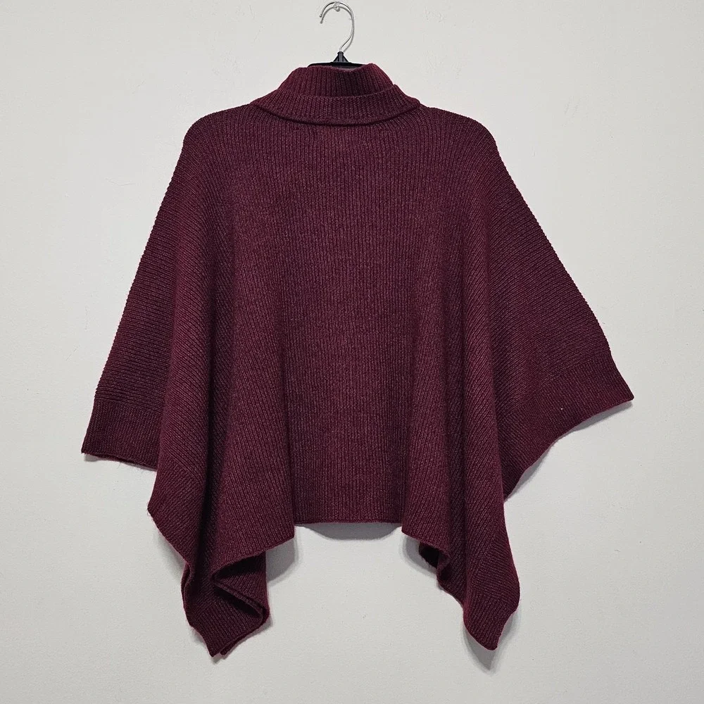 Sasso+Smyth Women Poncho Sweater One Size Burgundy Long Sleeves Turtle Neck 1089